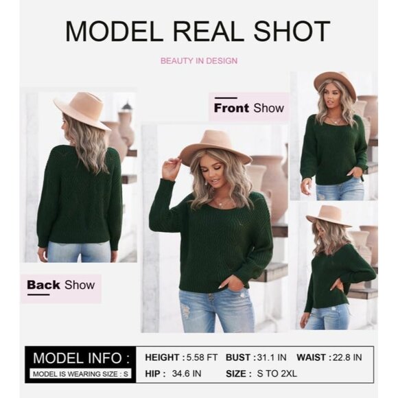 Women's Green Cute Elegant Soft Crew Neck Long Sleeve Knit Pullover Sweaters - Picture 2 of 6